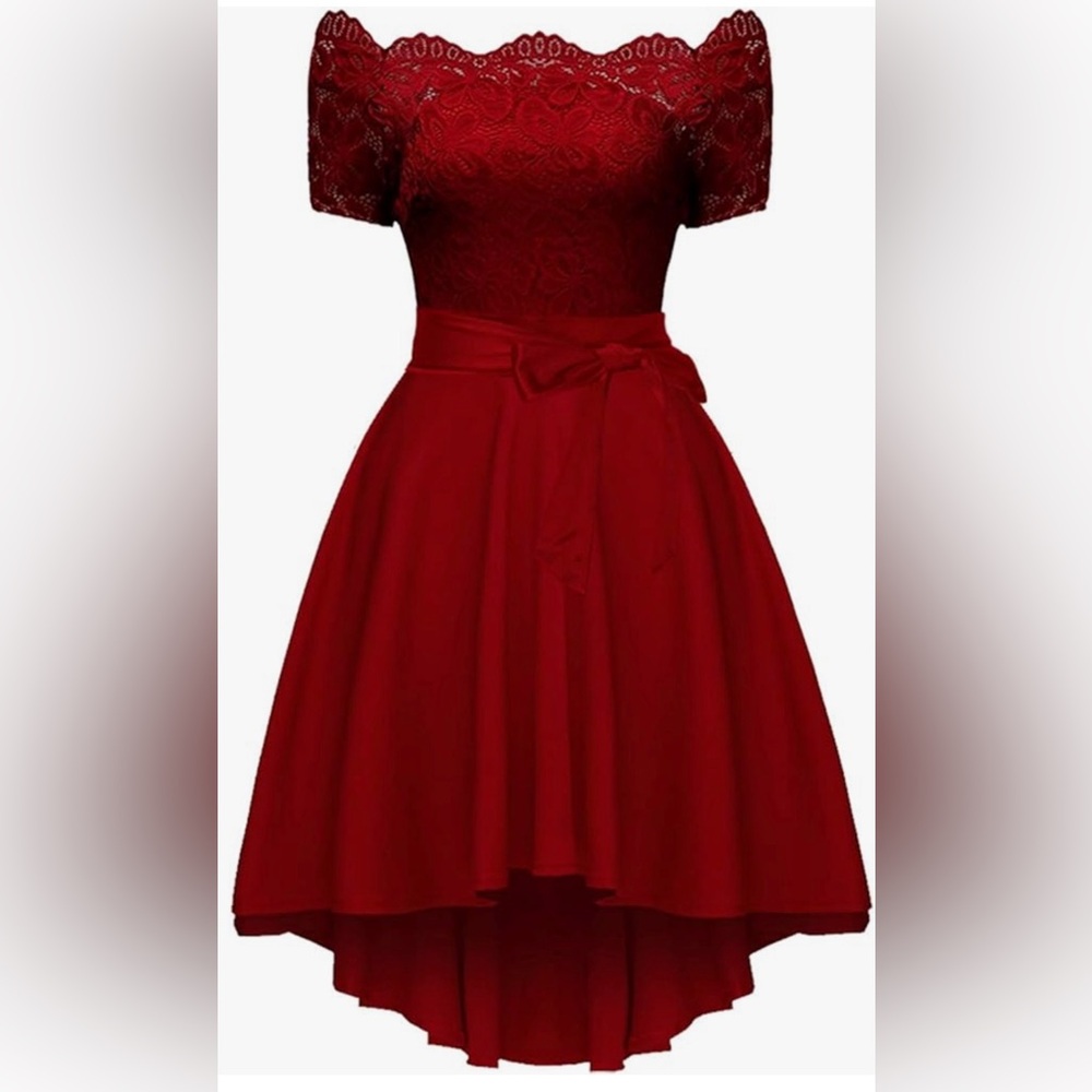 Red A-line high low off shoulder dress size medium